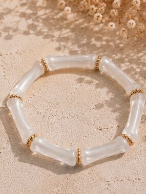 🤍 Pearl Mist Bamboo Tube Stretch Bracelet Gold Accent Boho Coastal Chic